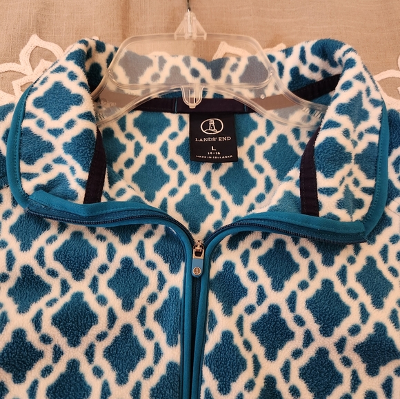 Lands End, Large 14-16, Teal & White, Long Sleeve Zippered Fleece Top - Picture 4 of 5